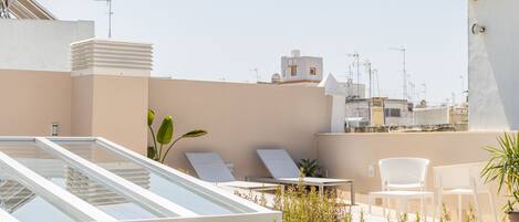 A rooftop terrace with lounge chairs, a glass balustrade, and potted plants.