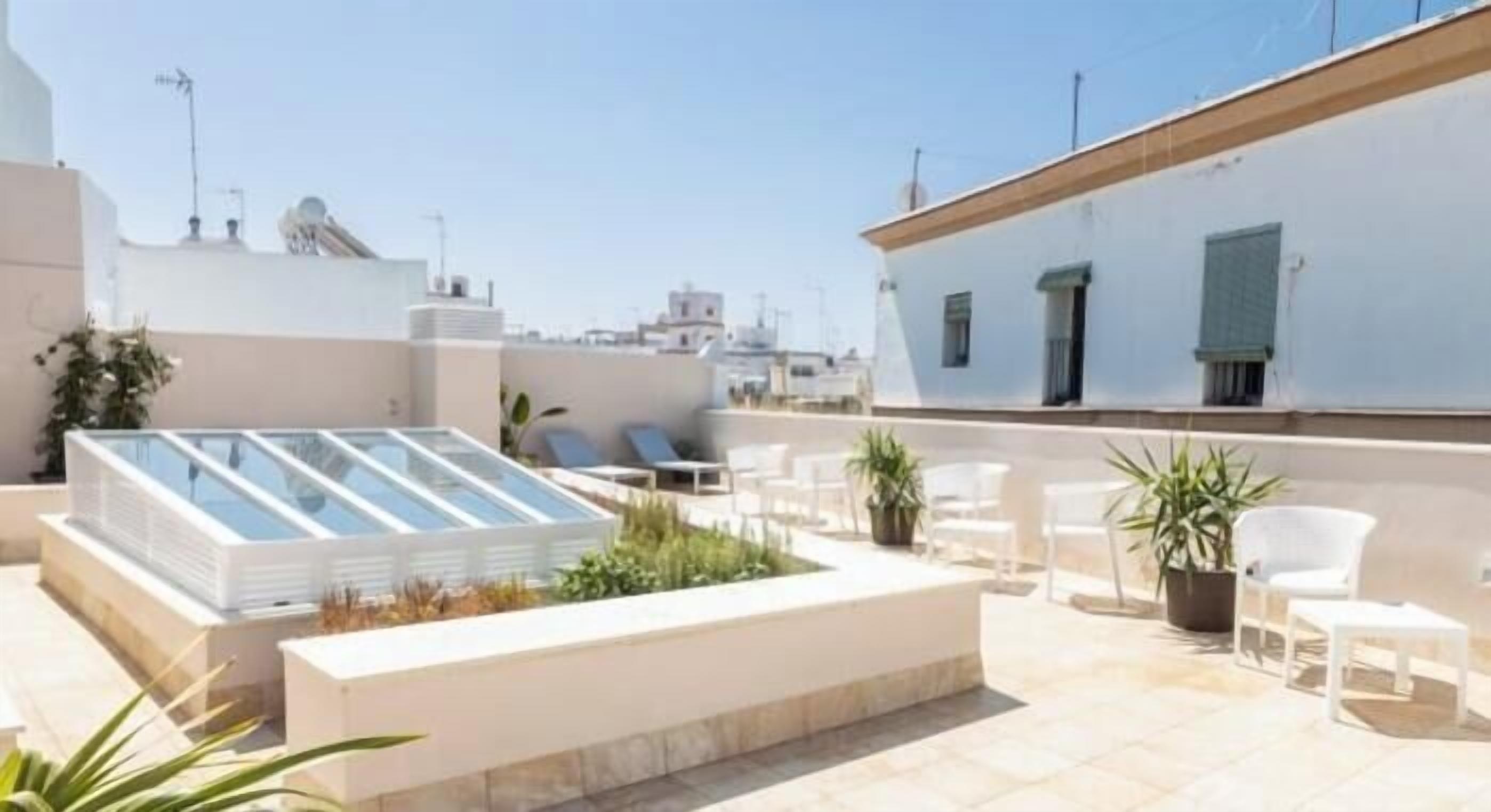 Terraza en la azotea con cerramiento de vidrio, zona de estar y plantas en macetas.