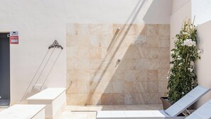 Ein Wellnessbereich mit gefliesten Wänden, einer Dusche und einer Pflanze.