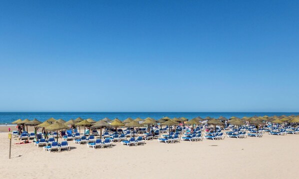 Ein Strand mit blauen Liegestühlen und reetgedeckten Sonnenschirmen.