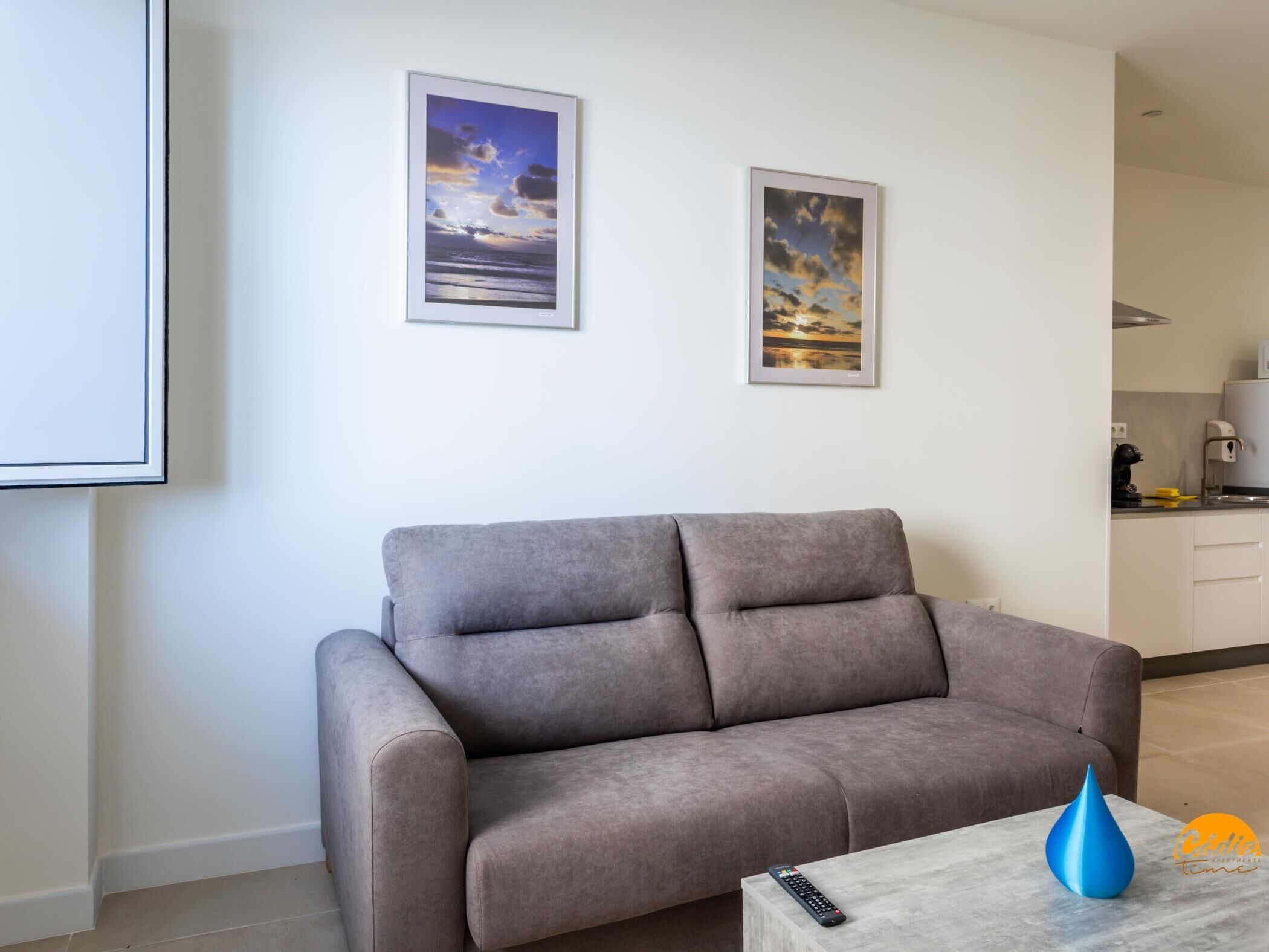 Una sala moderna con un sofá gris, dos cuadros en la pared, una mesa de centro con un jarrón azul y una cocina al fondo.