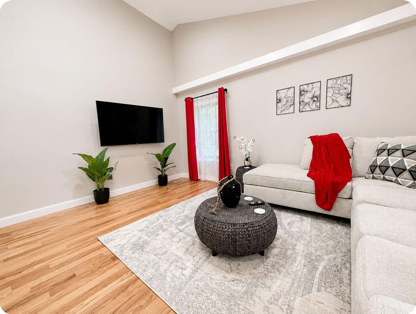 A modern living room with a flat-screen TV, a sofa, a coffee table, and two potted plants.