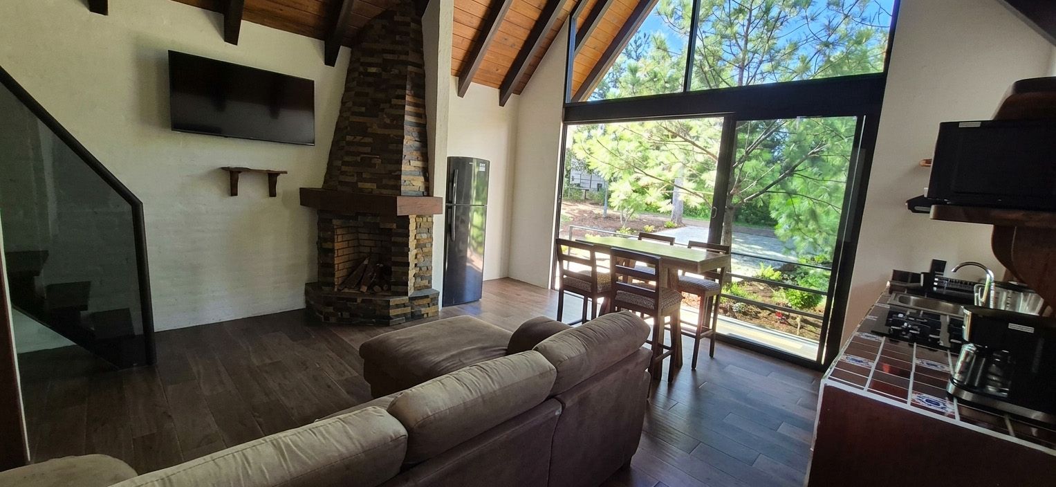 A modern living room with a stone fireplace, a sofa, a dining area with a table and chairs, and a kitchen area with a coffee machine.
