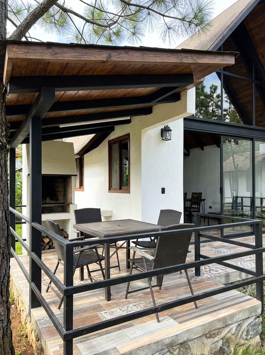 An outdoor patio with a table and chairs, a grill, and a stone wall.