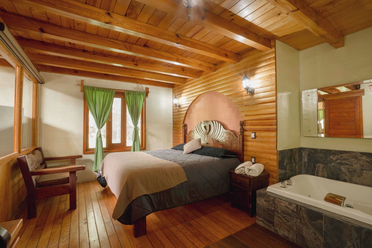 A wooden cabin bedroom with a bed, a chair, a nightstand, a lamp, and a bathroom with a bathtub.
