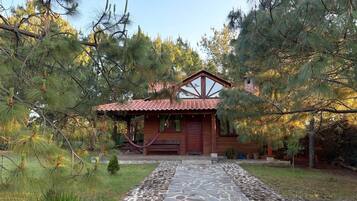 A wooden cabin with a red-tiled roof, surrounded by pine trees and a stone pathway leading to the entrance.