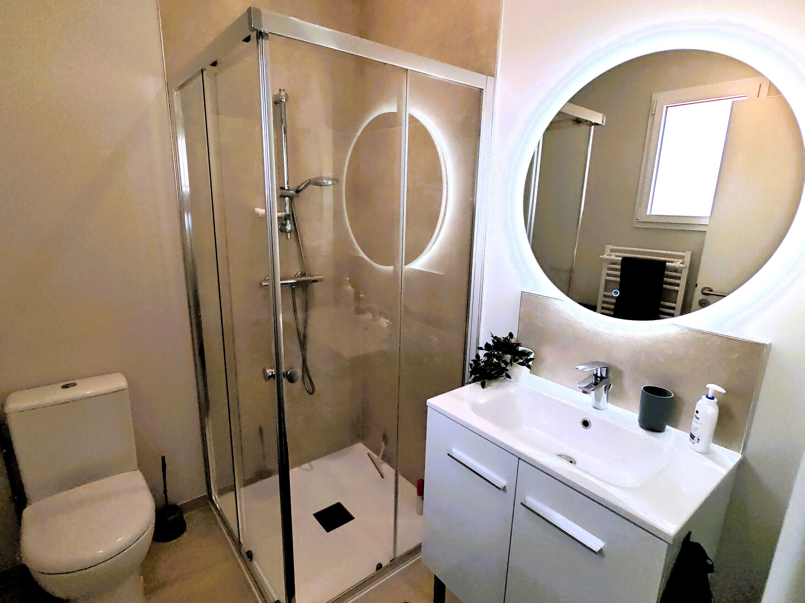 A bathroom with a glass-enclosed shower, a toilet, a sink with a mirror, and a towel rack.
