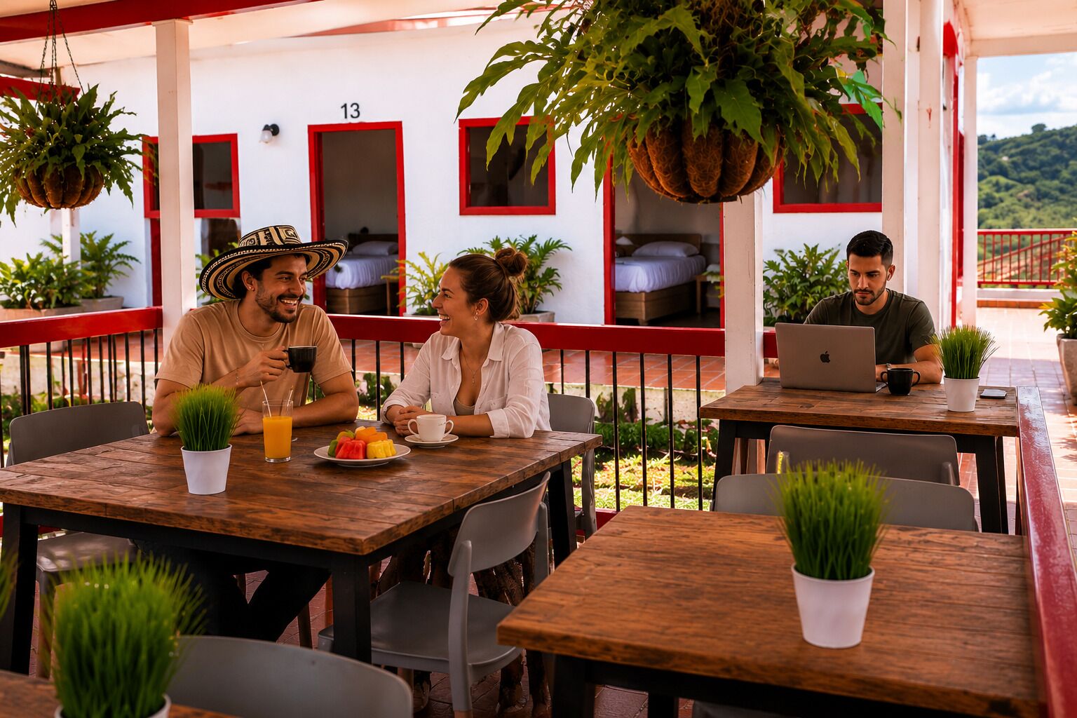 Un café con terraza, ventanas de marco rojo y plantas colgantes.
