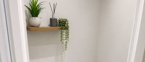 A compact bathroom with a white sink, toilet, and a small shelf with plants and toiletries.