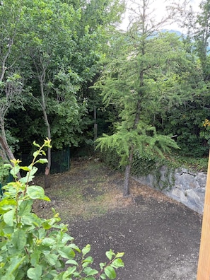 Ein Gartenbereich mit dichtem Grün, einer Steinmauer und einem Holzzaun.