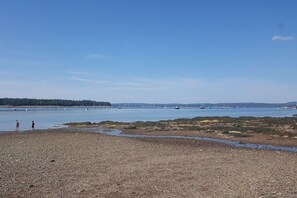 Uma praia de pedras com barcos na água e uma floresta ao fundo.