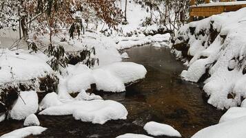 A snow-covered stream with wooden bridges and leafless trees.