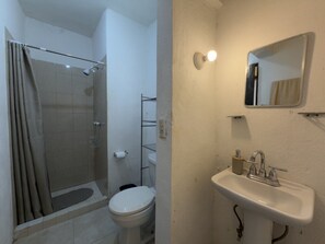 Et badeværelse med brusebad, toilet, håndvask og spejl.