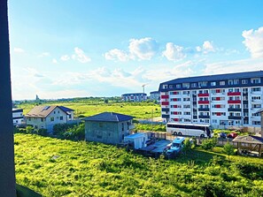 Un quartier résidentiel comprenant un grand immeuble à plusieurs étages, une maison plus petite et un champ.