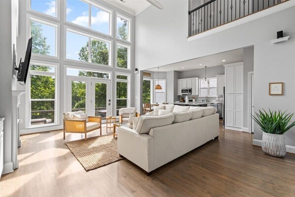 TV, fireplace, table football, offices - Luxury Lake Norman Retreat w/ Hot Tub, Gameroom, Firepit, Dock (Mooresville)