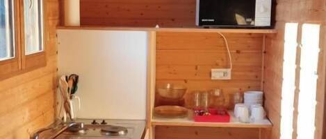 Fridge, microwave, oven, cookware/dishes/utensils