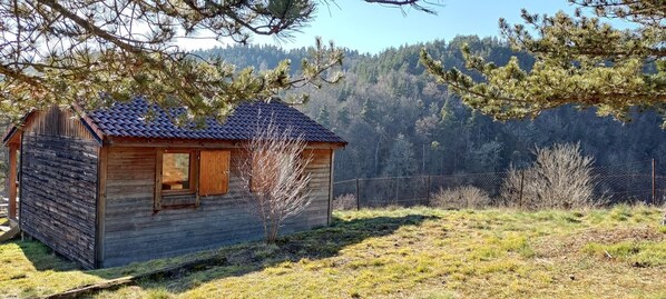 A small wooden cabin with a sloped roof, a window, and a door. - Chalet Brumalis - MALZIEU VILLE (LE) (MALZIEU VILLE (LE))