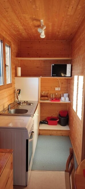 A compact kitchen with wooden walls, a sink, a microwave, and a small countertop. - Chalet Brumalis - MALZIEU VILLE (LE) (MALZIEU VILLE (LE))