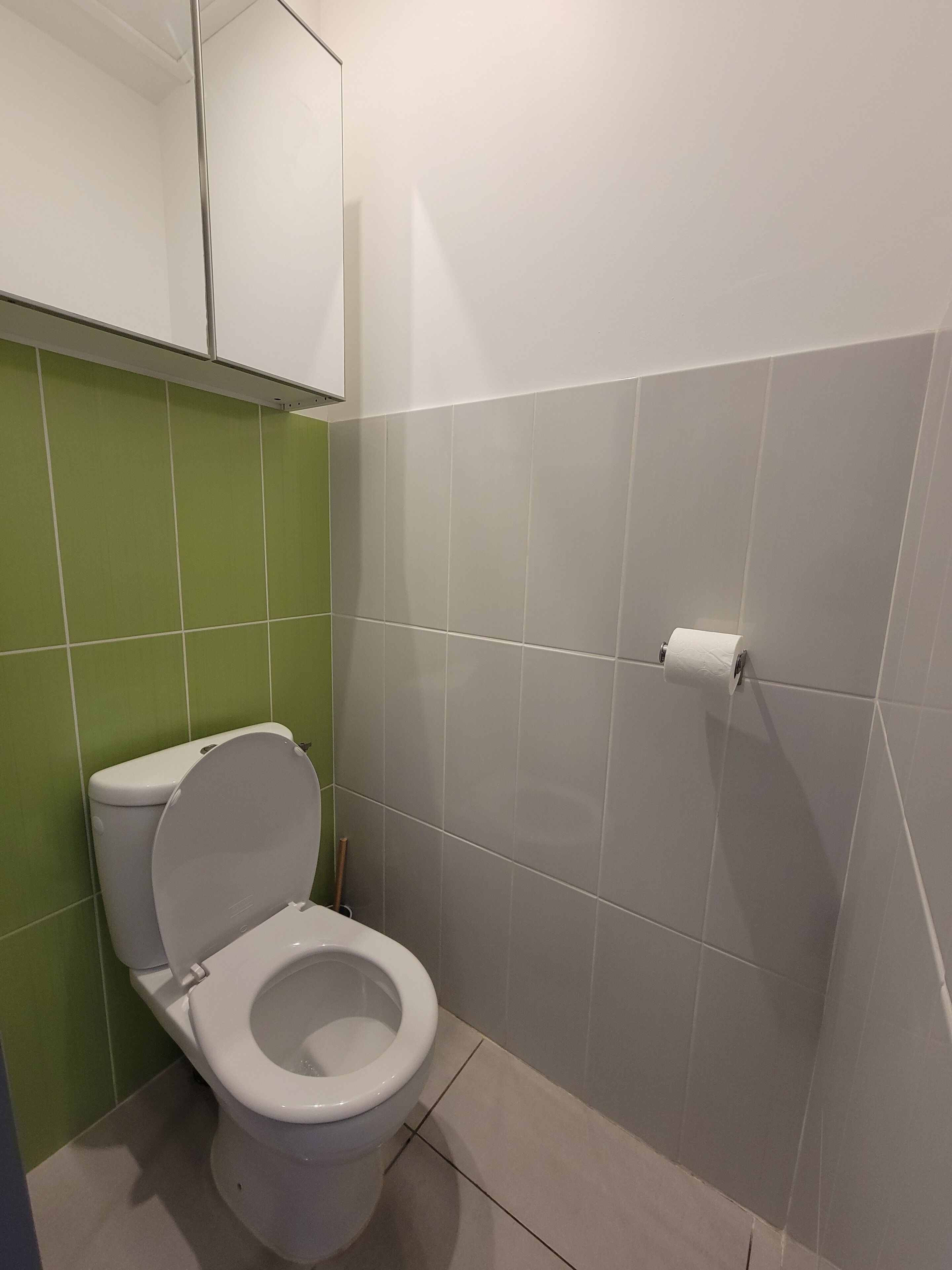 A bathroom with a toilet, green and white tiled walls, and a toilet paper holder.