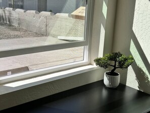 Ein Fenster mit Blick auf eine Baustelle, ein kleiner Bonsai-Baum im Fensterbrett und eine strukturierte Wand.