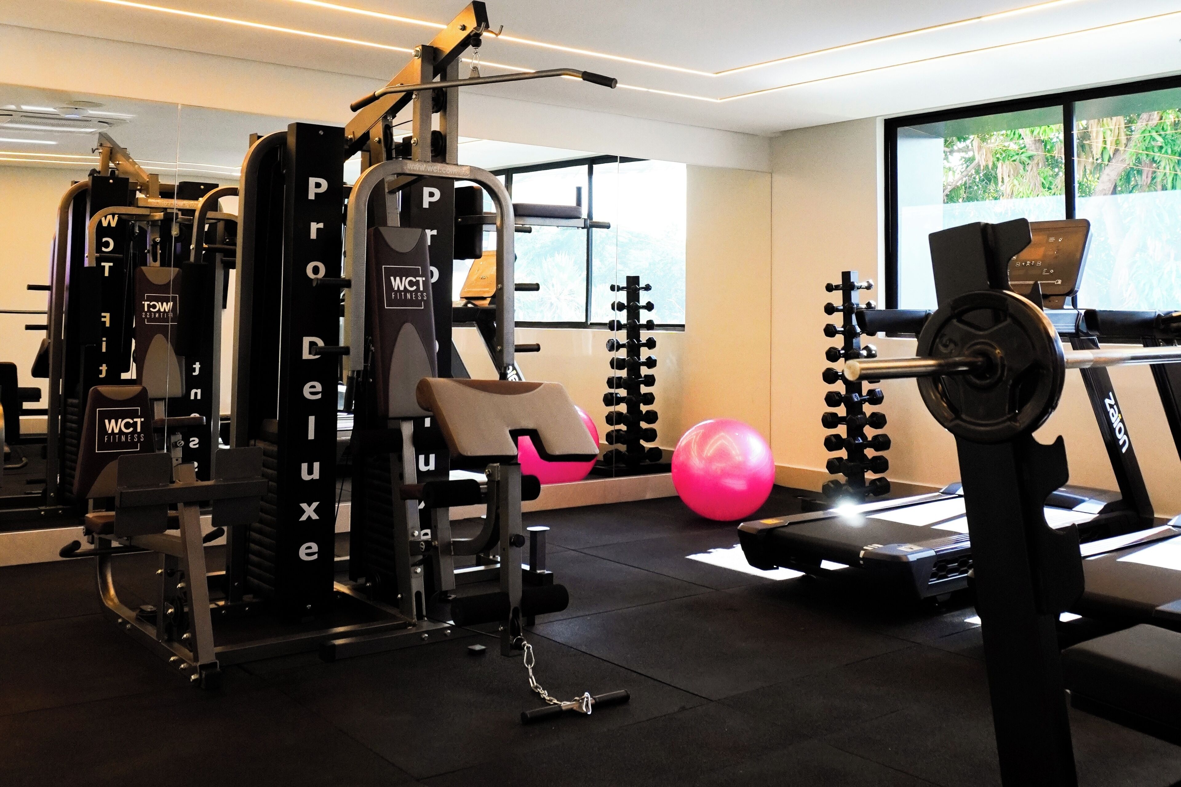 Un gimnasio con varios equipos de ejercicio, incluyendo una banca de pesas, una jaula para sentadillas y una cinta de correr.