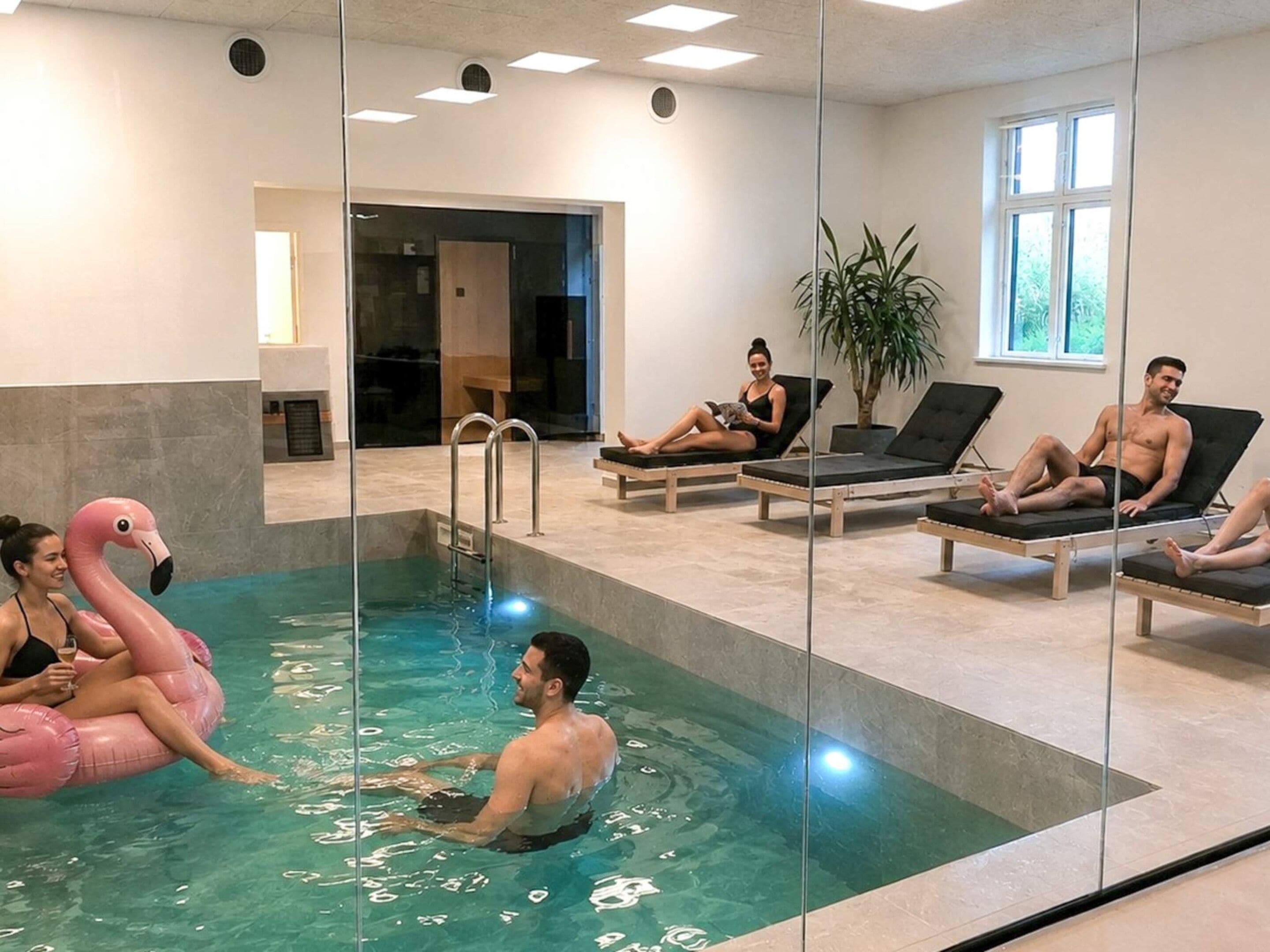 Piscina interna com cadeiras de espreguiçadeira e um boi de pelúcia flamingo.