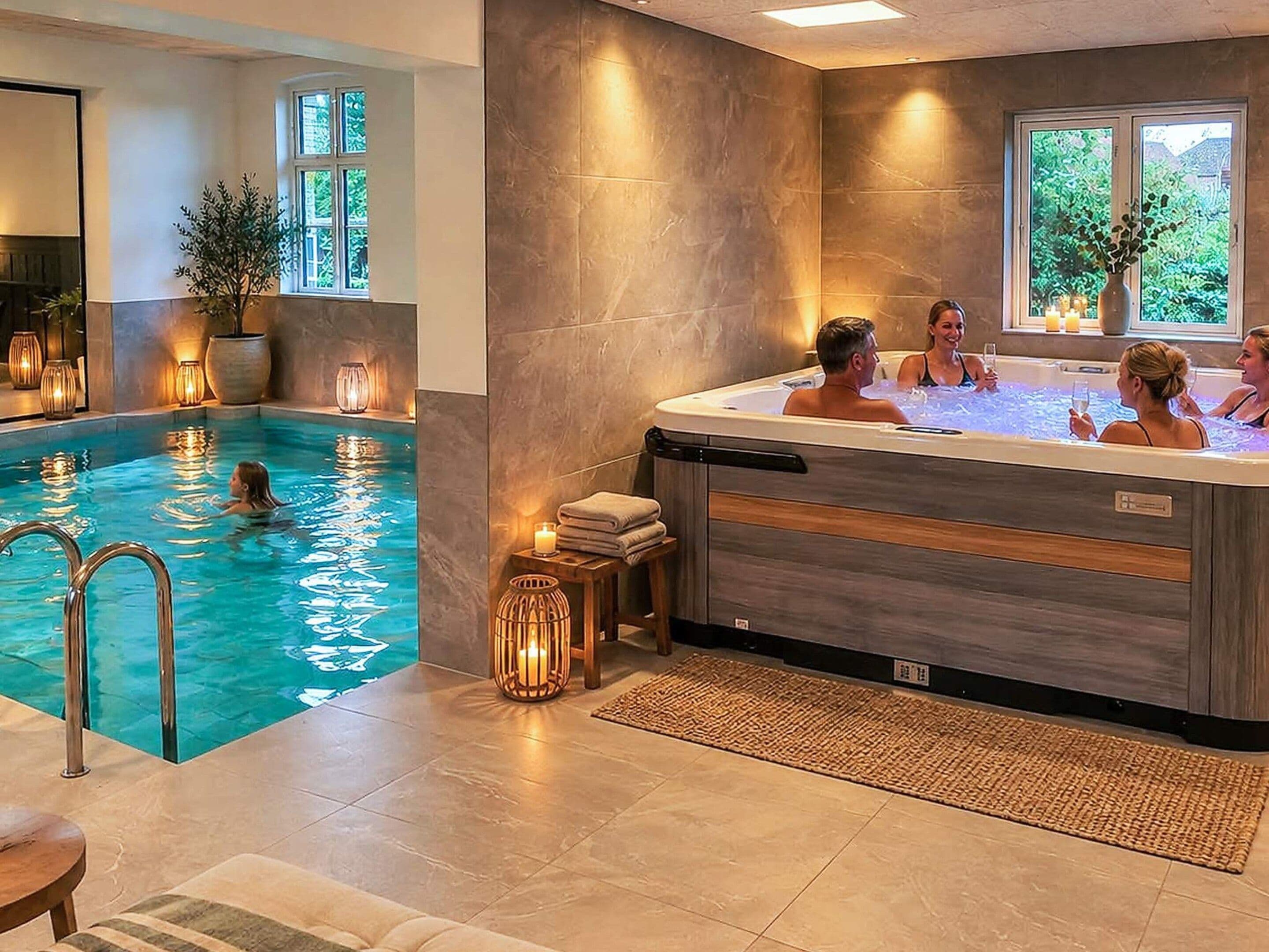 Un área de spa con piscina y jacuzzi.