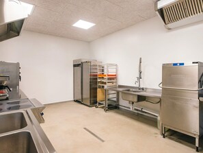 A commercial kitchen with stainless steel appliances, a sink, and a ventilation system. - 4 Star Holiday Home in Aabenraa (Aabenraa)