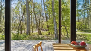 Una terraza de madera con una silla y un cuenco de fruta, con vista a un área boscosa.