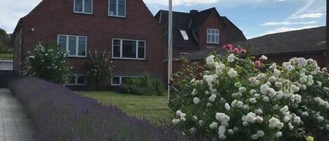 A residential area with brick houses, a white picket fence, and a variety of flowering plants.