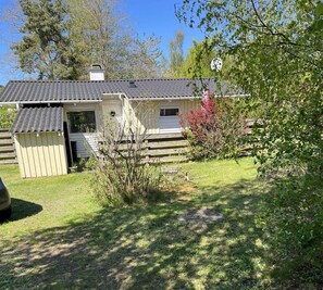 Ein Haus mit umzäunter Hof, einer kleinen Werkstatt und einem Baum mit roten Blättern.