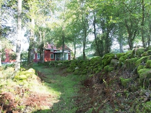 A rustic cabin surrounded by dense forest and moss-covered rocks.