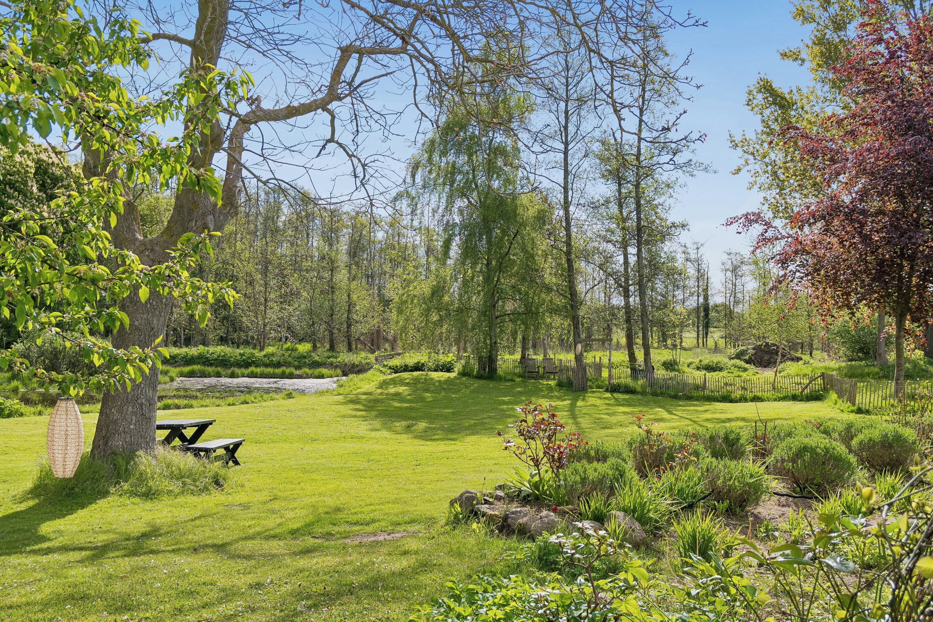 Ein ruhiger Park mit Picknicktischen, verschiedenen Bäumen und einem gepflegten Rasen.
