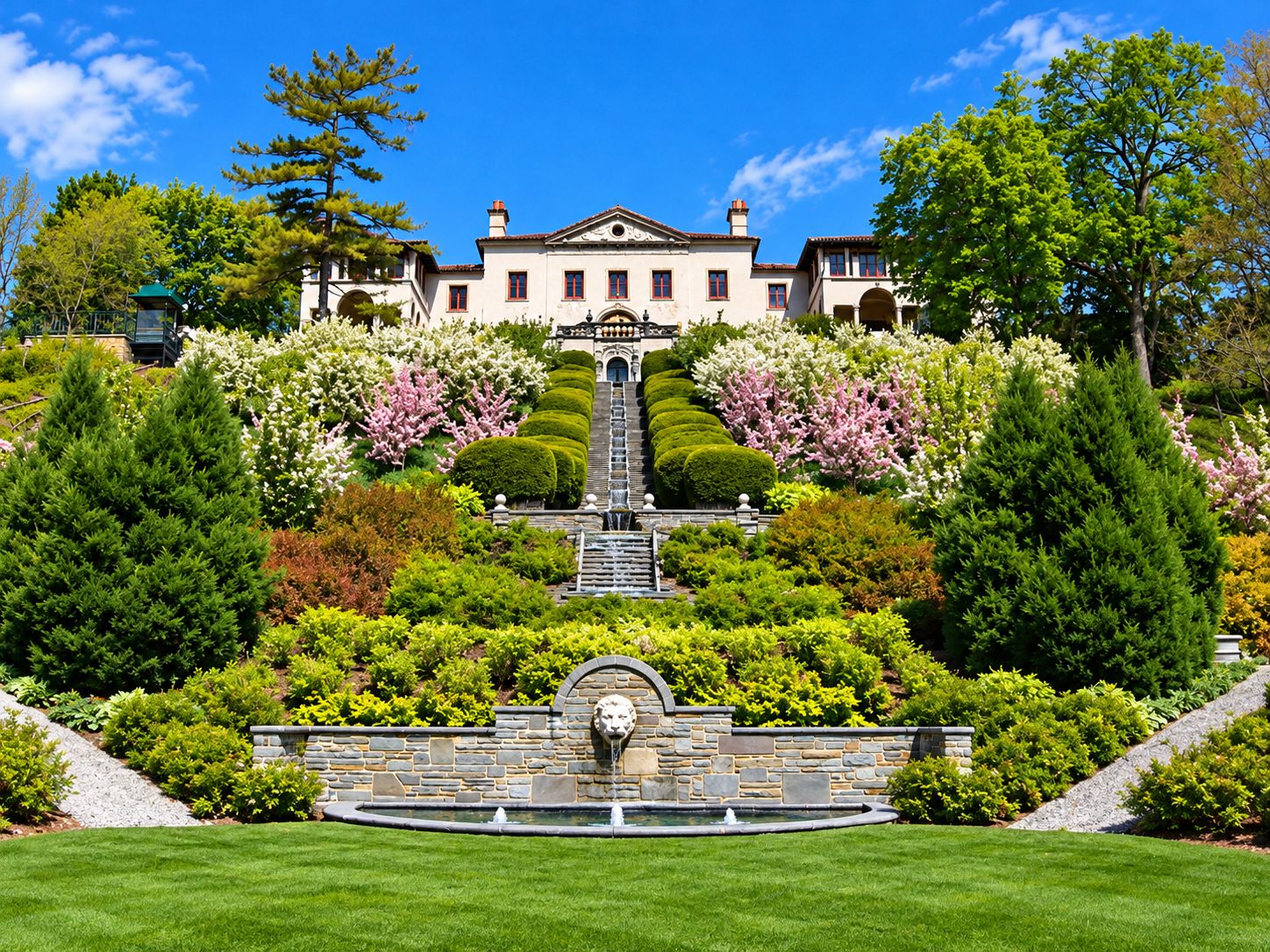 A large, stately building with a formal garden, including a fountain and neatly trimmed hedges.
