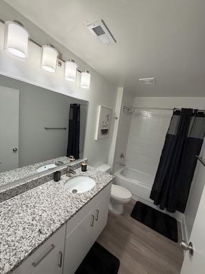 A bathroom with a granite countertop sink, a mirror, a shower, and a toilet. - Luxury Loft in Midtown Atlanta (Atlanta)