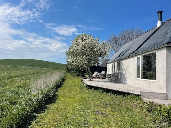 Una casa con veranda, un albero grande e un prato erboso.