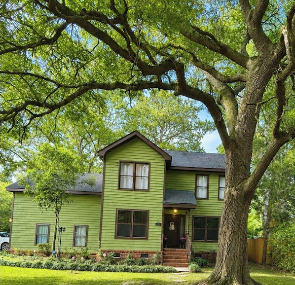 Une maison à deux étages, avec une façade verte, un porche à l’avant et un grand arbre devant.