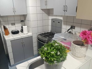 A kitchen with white cabinets, a gas stove, a blender, and a potted plant. - Apartment in Lima with transfer included (Santiago de Surco)