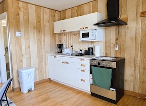 A compact kitchen with wooden paneling, a microwave, a stove, and a small trash bin.