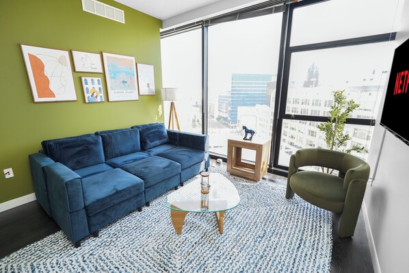 Living area - Stylish Westown 2BR Retreat 10 min to Fiserv Forum (Milwaukee)