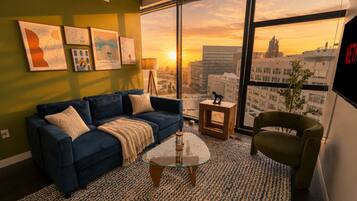 Una sala de estar moderna con un sofá azul, una mesa de centro de vidrio y vistas a un paisaje urbano al atardecer.
