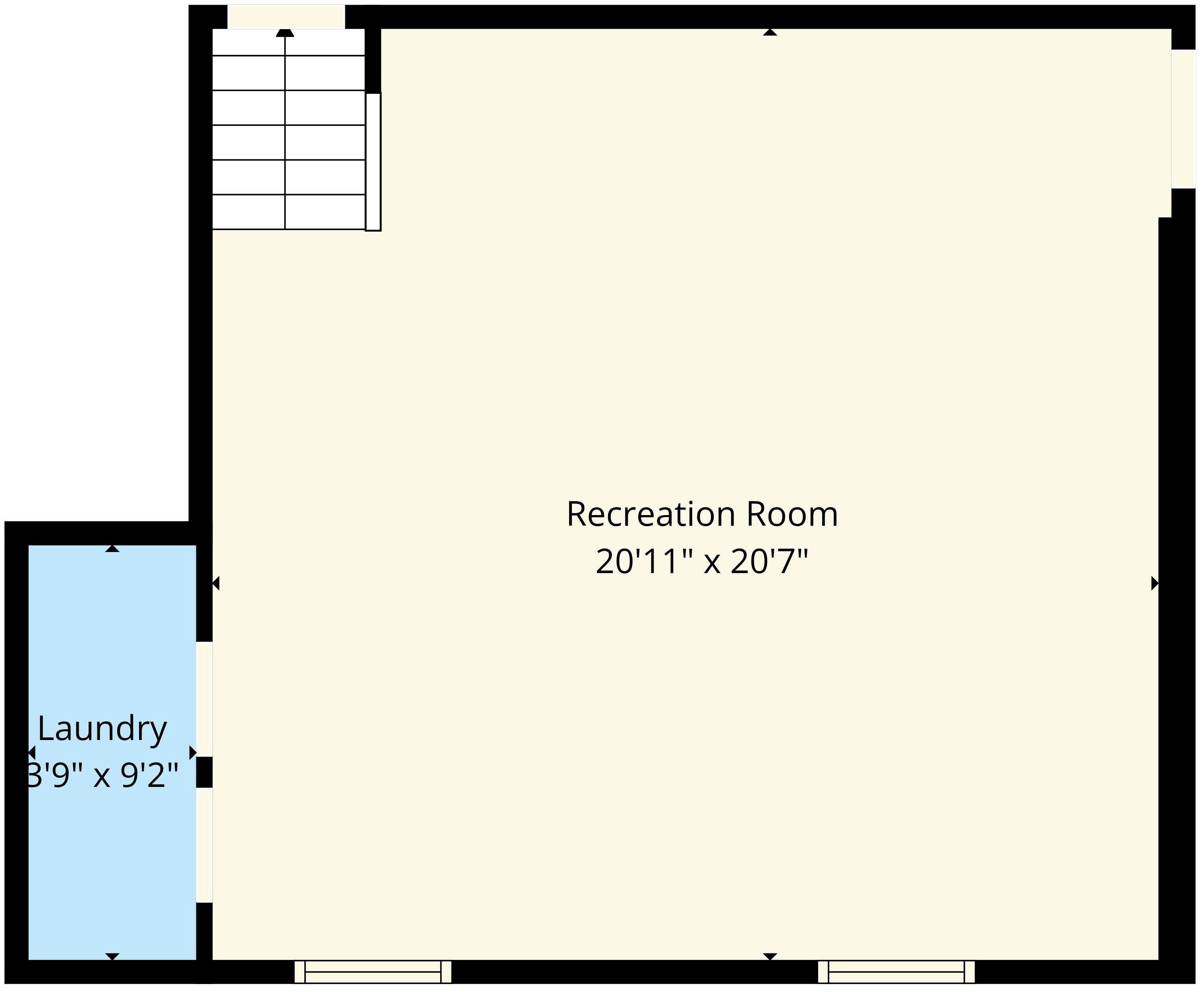 A floor plan with a laundry room measuring 3'9' x 9'2' and a recreation room measuring 20'11' x 20'7'.