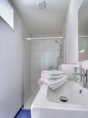 A bathroom with a shower, a sink, and a mirror.