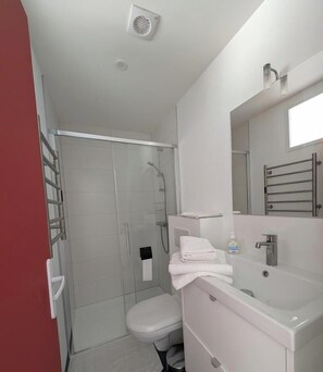 Une salle de bain moderne avec une douche Ă parois de verre, un lavabo blanc et des toilettes.