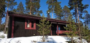 Eine Holzhütte mit rotem Dach, umgeben von Schnee und Kiefern.