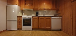 Eine kompakte Küche mit Holzschränken, einem Kühlschrank, einem Backofen, einer Spüle und einem Geschirrspüler.
