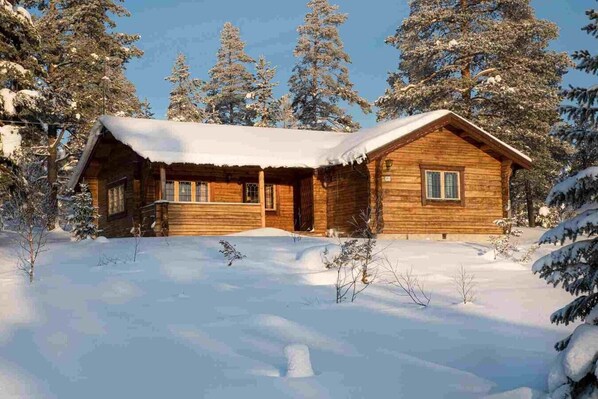 Eine Holzhütte mit schneebedecktem Dach, umgeben von Bäumen.