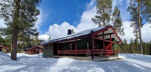 Eine Holzhütte mit rotem Dach und grünen Wänden, umgeben von Schnee und hohen Bäumen.