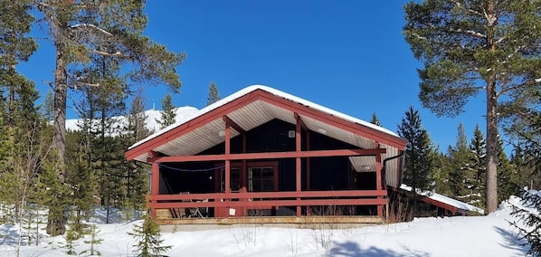 A wooden cabin with a red roof, surrounded by snow and pine trees. - Sauna | Wi-Fi | Terrace | Wood stove | Cable TV (Lofsdalen)