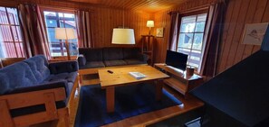 Ein gemütliches Blockhaus-Interieur mit einer Couch, einem Couchtisch, einem Fernseher und einer Lampe.